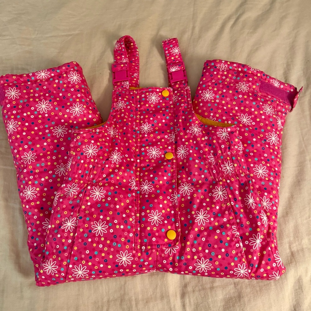 **SOLD** Hanna Andersson Pink Floral Snow Bibs with Yellow Buttons**SOLD**